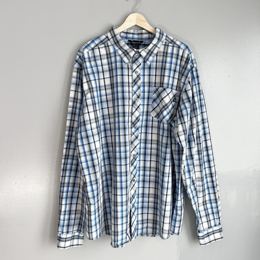Marmot Men's Plaid Button Up Shirt Blue White Black Long Sleeve Casual XXL